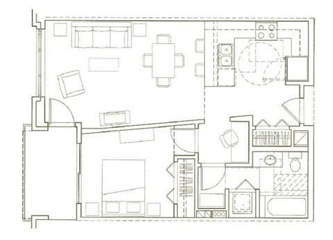 Floor plan for 1 bed, 1 bath, 728 sqft
